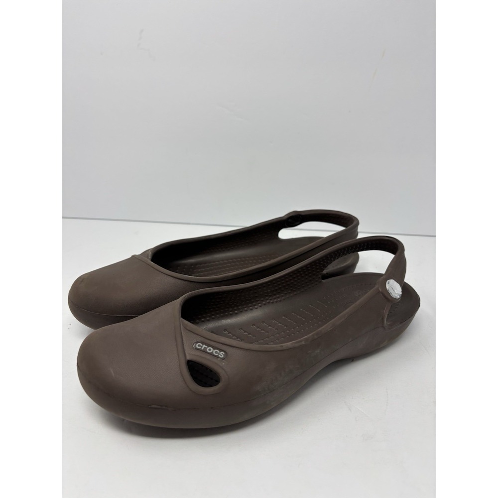 CROCS Women's Olivia Flats Brown Rubber Slingback Shoe Beach Jewel Comfy Size 7
